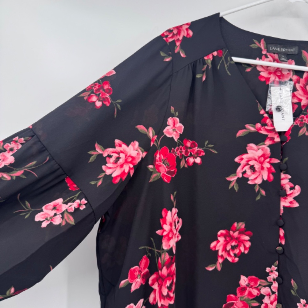 Lane Bryant Top Women 16 NEW Black Pink Floral V Neck Sheer Lightweight Peasant - Picture 4 of 12